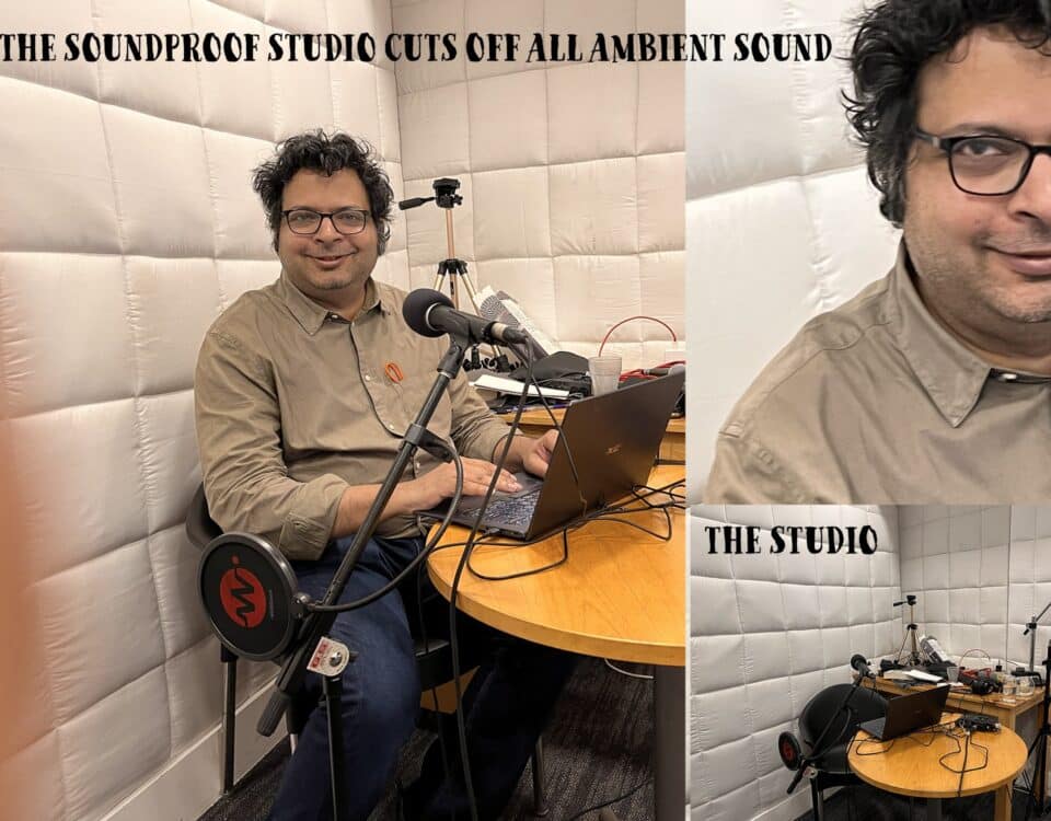 An author in a soundproof studio, passionately discussing leadership in work and HR. His talent shines through as he shares insights on career growth.