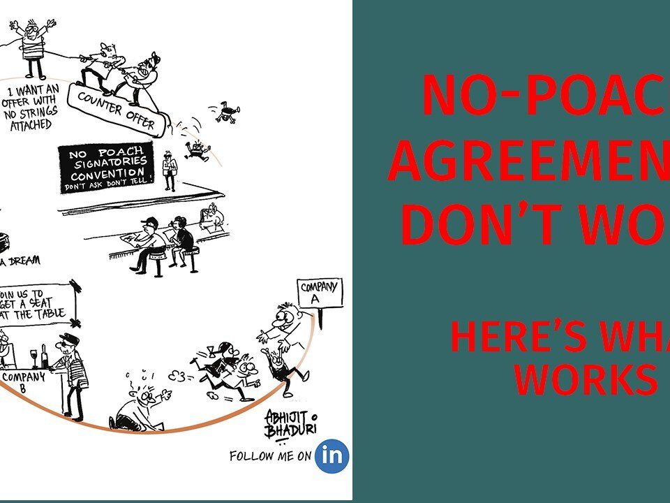 Cartoon about career choices and no-poach agreements, highlighting leadership, talent, HR, and authorship insights on work dynamics.