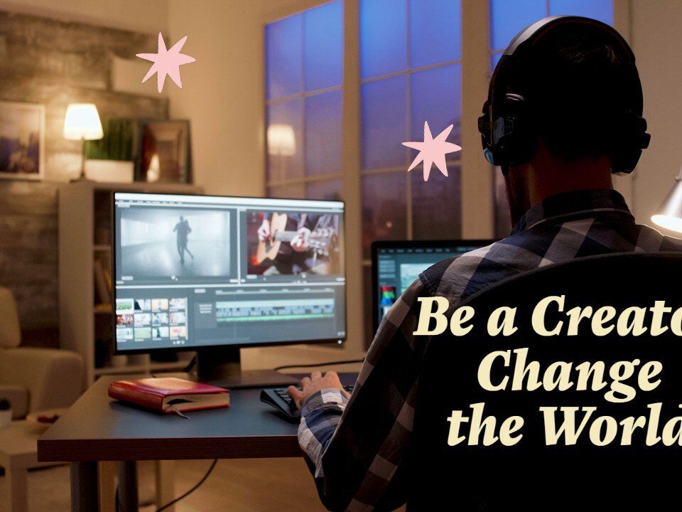 Person editing video on a computer at home, embracing creativity. A warm environment inspires career growth, leadership, talent, and work-life balance.