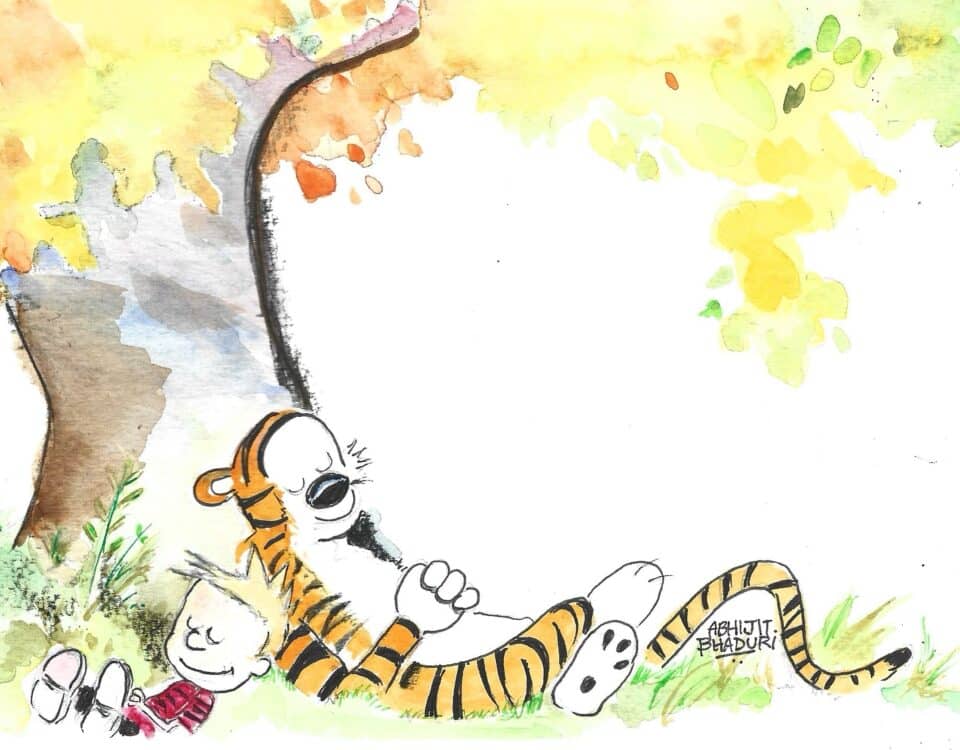 Calvin and Hobbes relax under a tree, embracing the simple joys of life. Reflect on leadership and talent in every work and career moment.