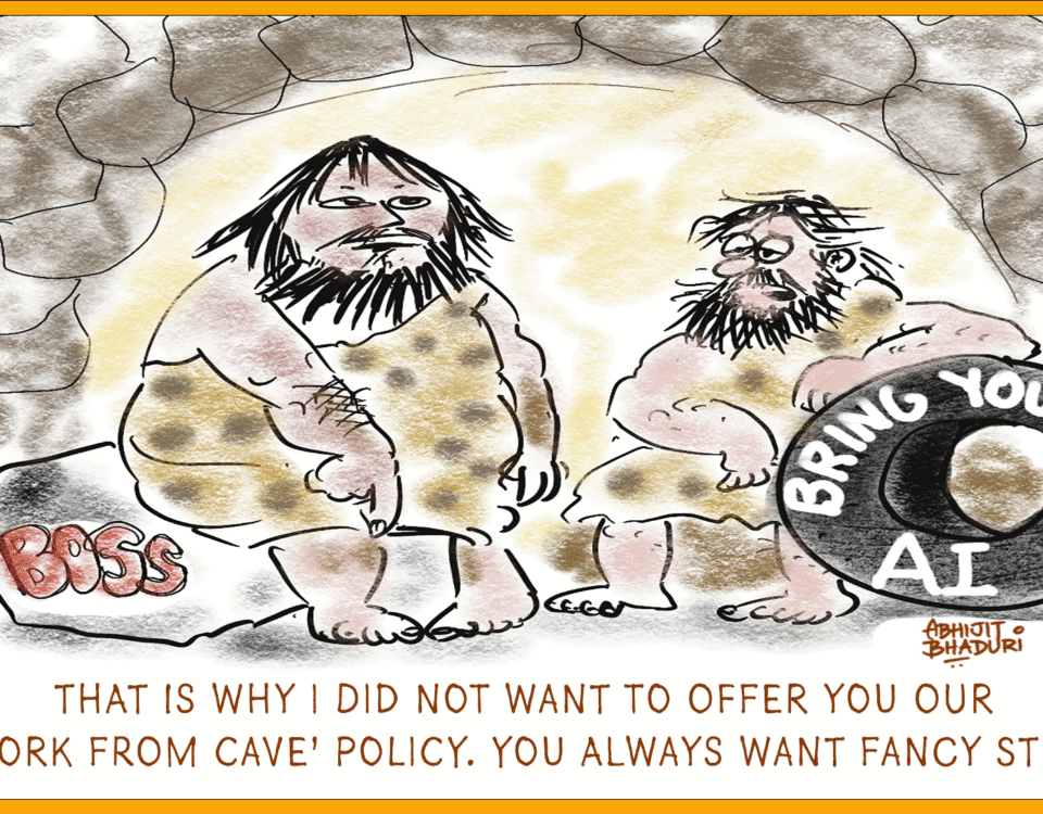 Caveman cartoon humorously illustrating work culture and leadership challenges, featuring a 'work from cave' policy with a humorous nod to modern HR issues.