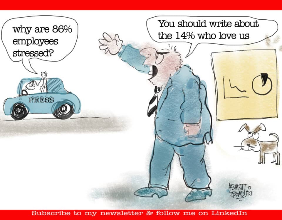 A cartoon showing workplace issues, highlighting stress among employees. Let's hear voices beyond CXOs to improve workplace well-being.