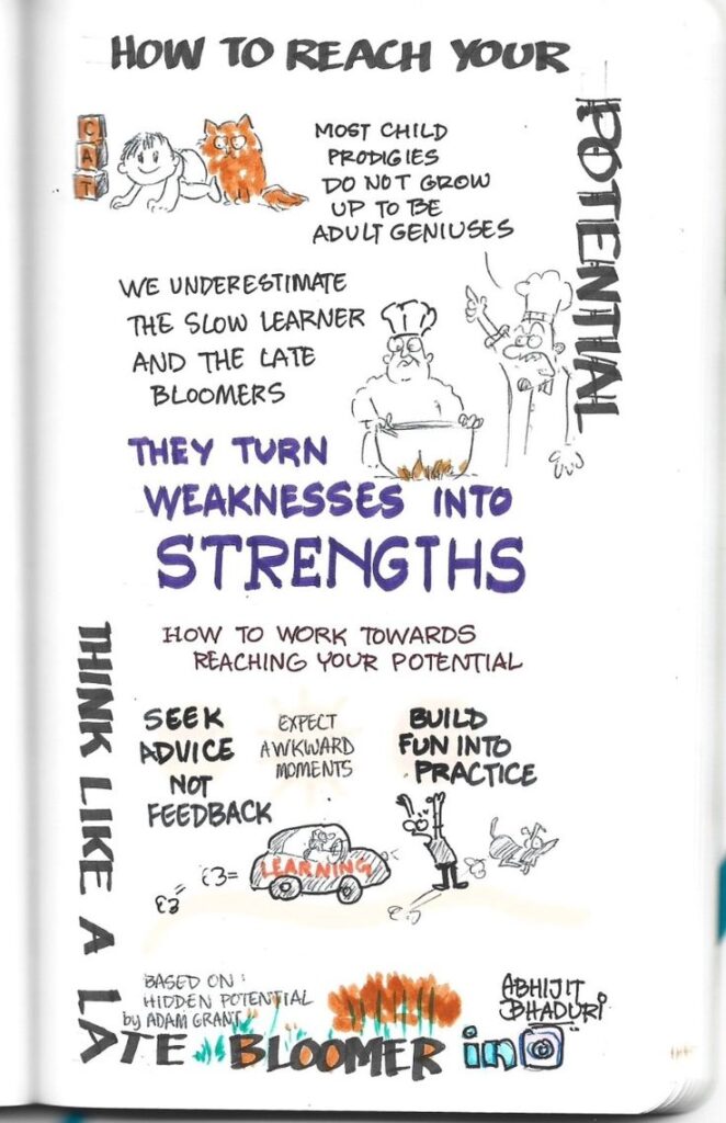 Sketchnote about Late Bloomers and How to Reach Your Potential.