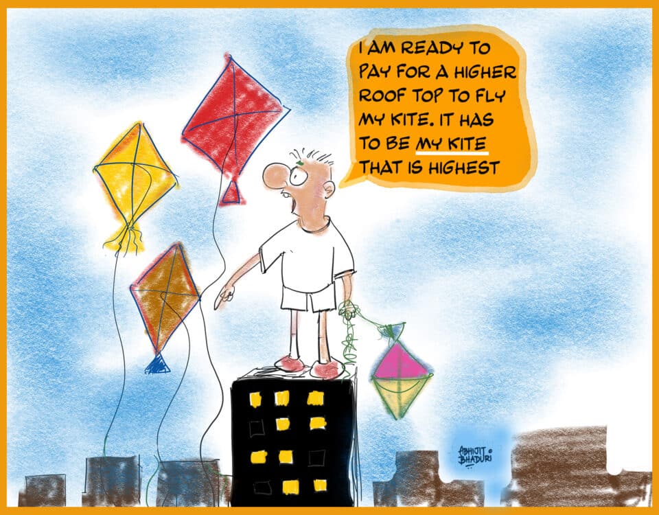 Cartoon of a person on a rooftop, holding a kite, ready to pay for a higher spot. It's a fun take on economy vs. business class for everything.