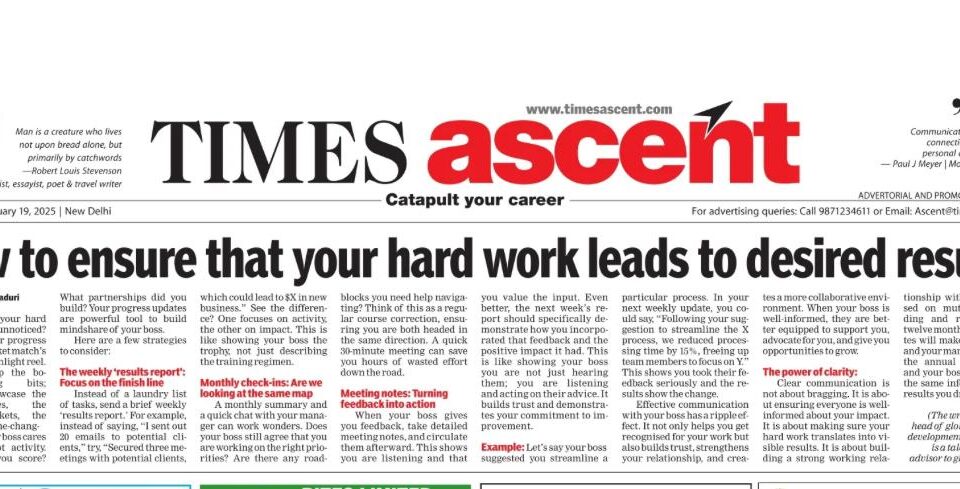 Newspaper article titled "How to ensure that your hard work leads to desired results" with tips on achieving career success through strategic planning.