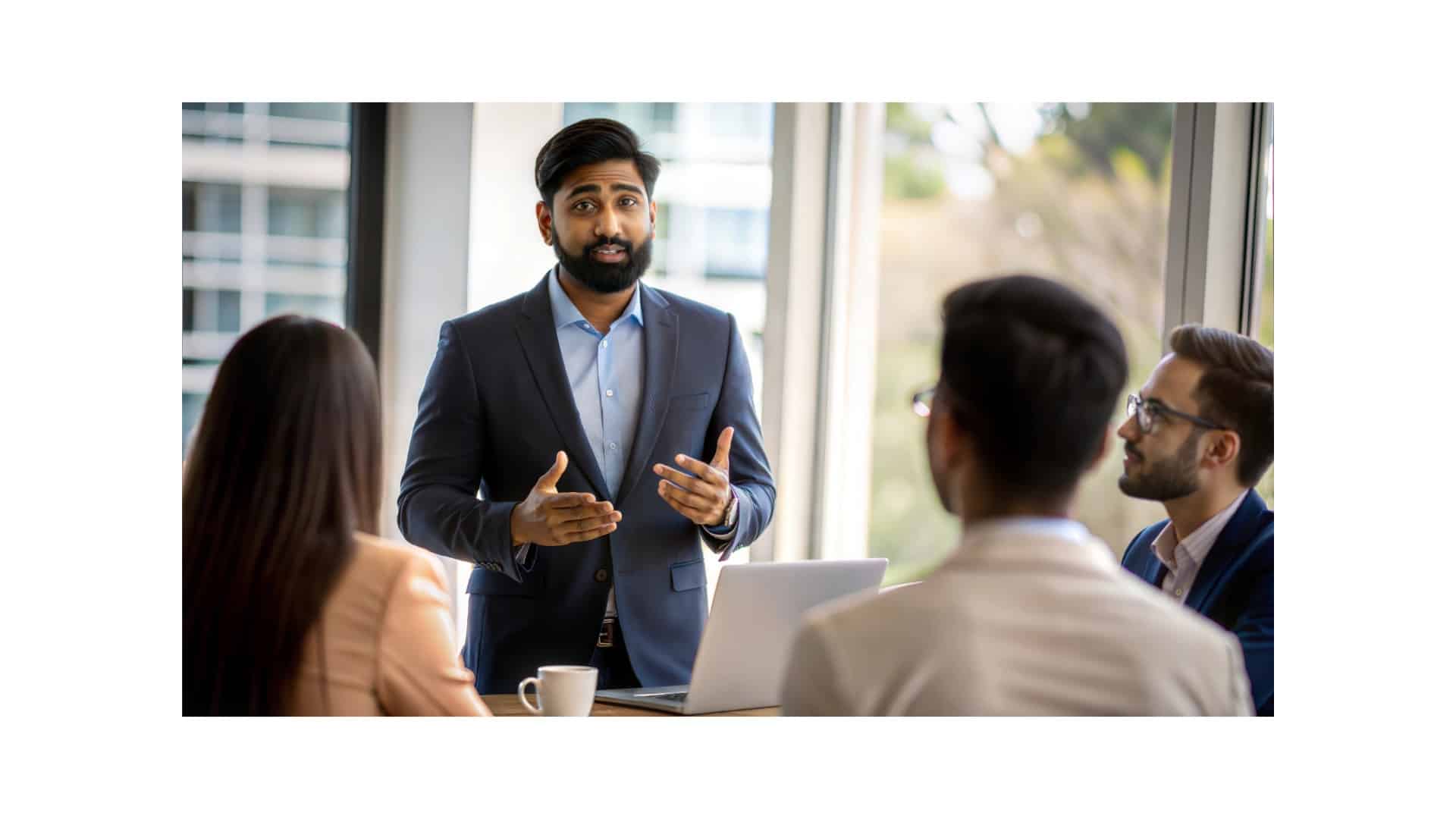 Business professional leading a team meeting, showcasing how great companies are built on great careers through collaboration and innovation.