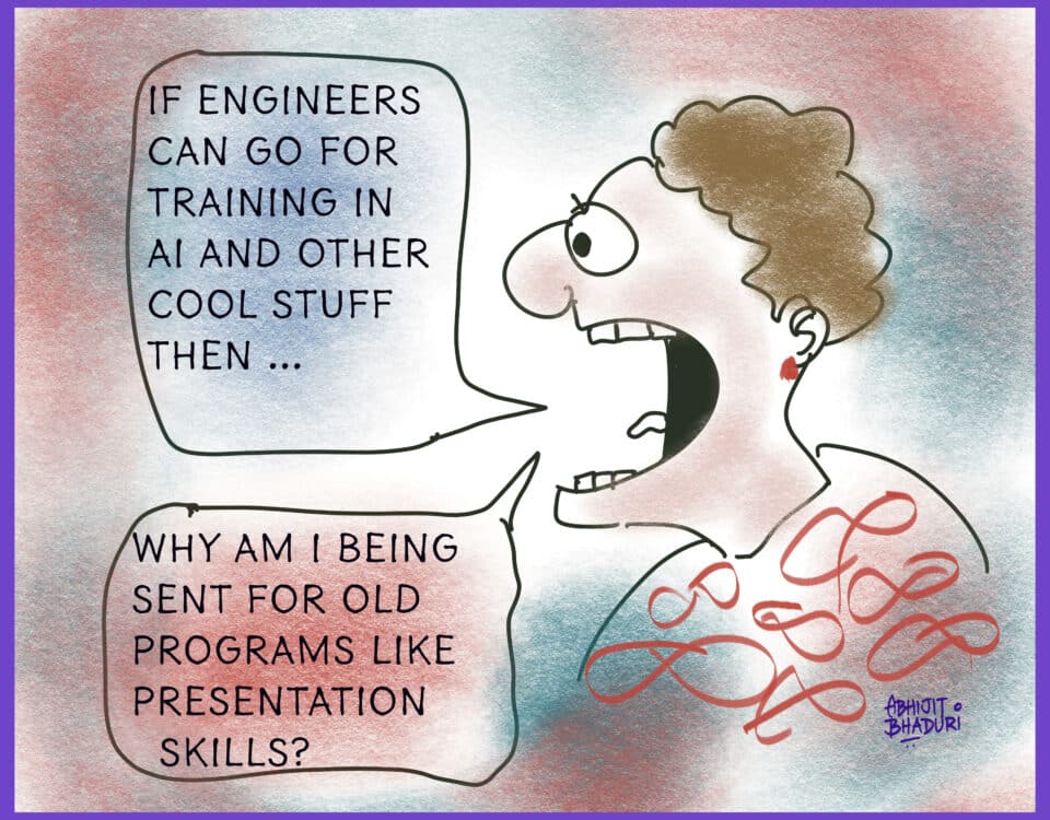 Cartoon depicting a person questioning L&D priorities: "Why AI training for some and old skills for others?" Balancing core versus emergent skills on a budget.