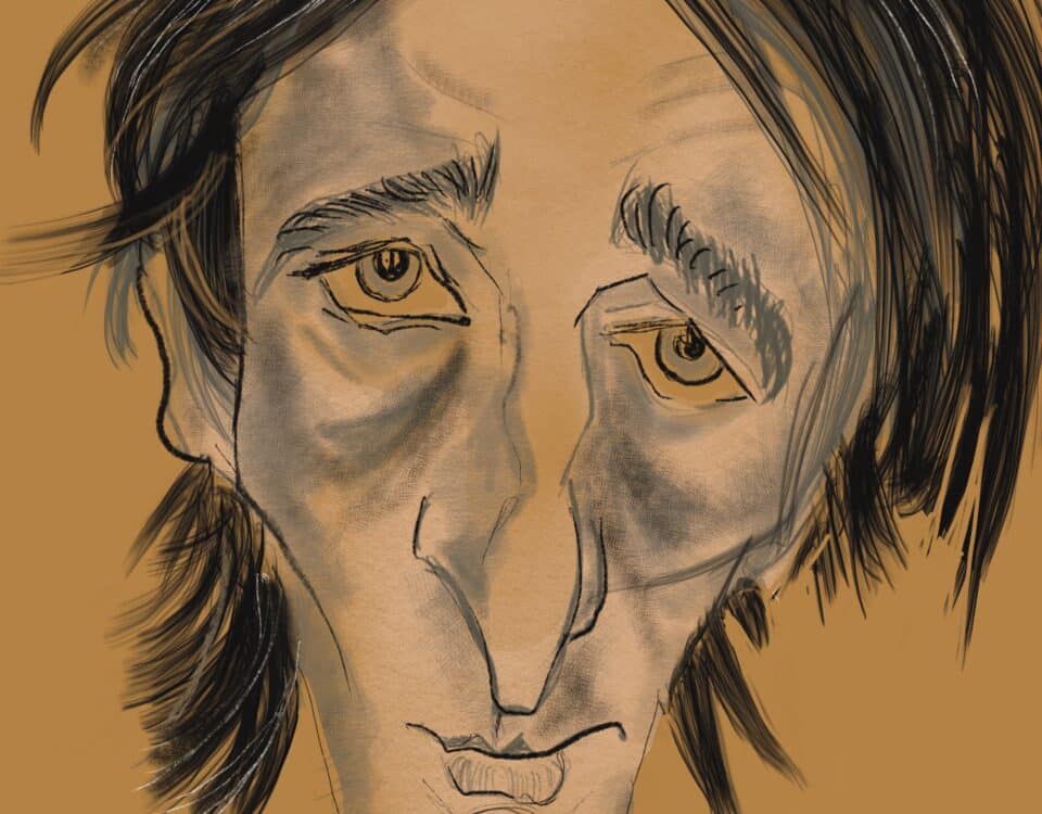 Artistic sketch of a man with a thoughtful expression, capturing the essence of "Art Imitates Career in The Brutalist.” Warm and intriguing style.