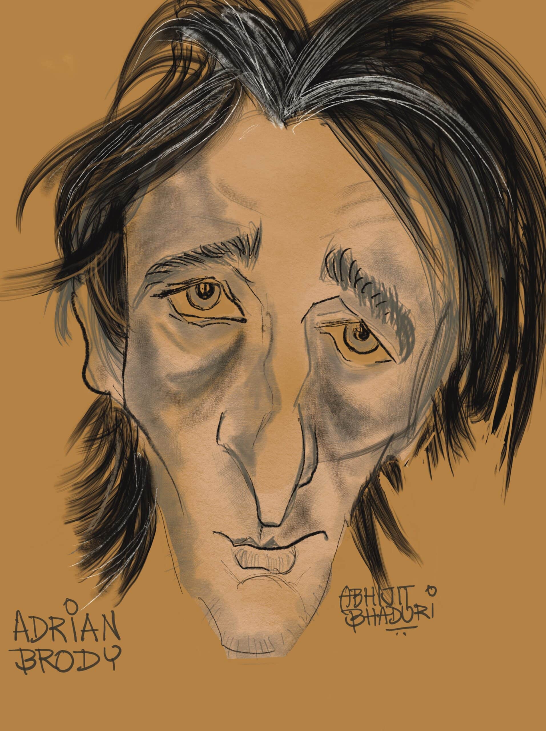 Artistic sketch of a man with a thoughtful expression, capturing the essence of "Art Imitates Career in The Brutalist.” Warm and intriguing style.