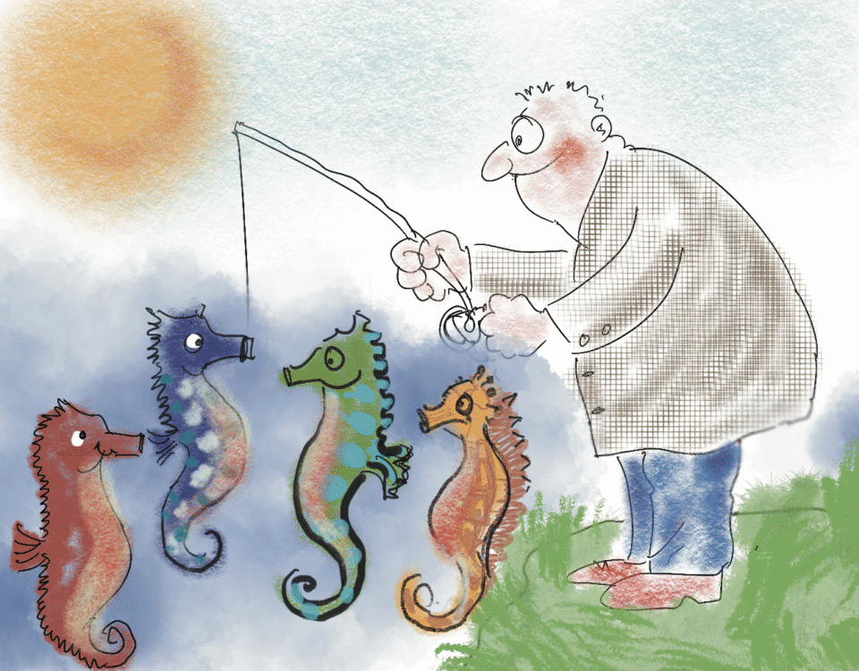 A cheerful man fishing a colorful group of seahorses under a sunny sky. Embrace creativity—hire the Beatles essence, not just Lennon!