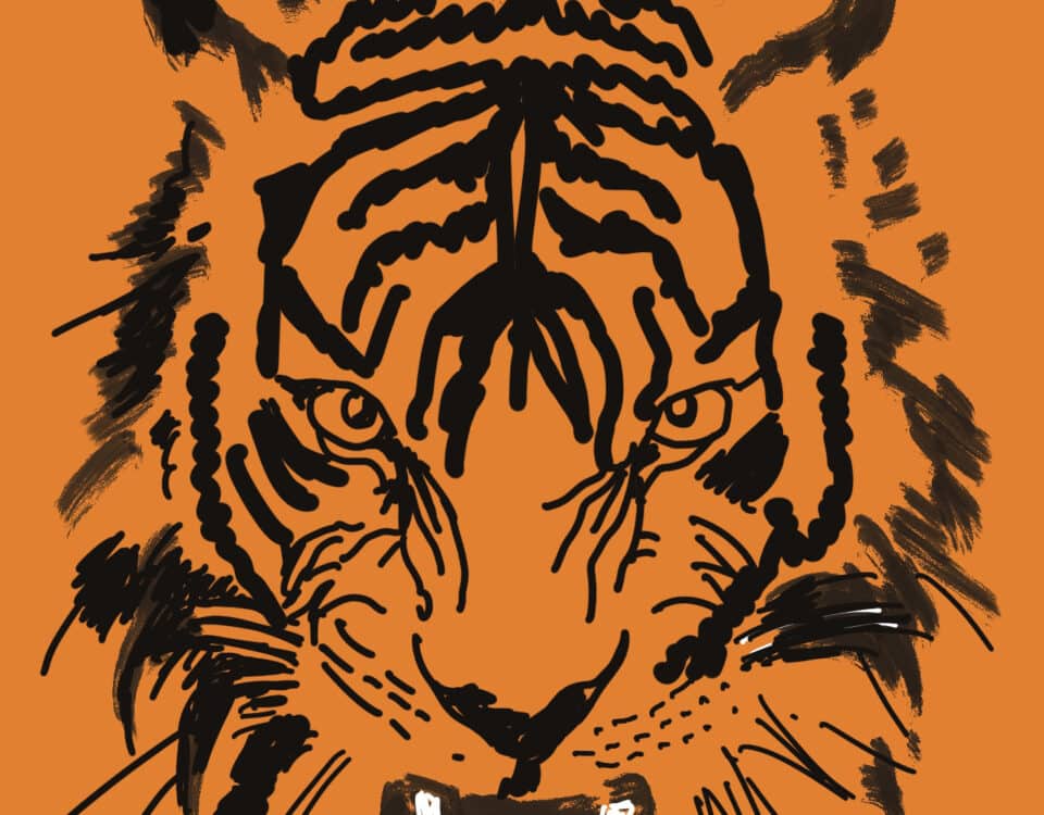 Bold tiger sketch on orange background, embodying the strength in fear—showing why fear is not weakness but your hidden superpower.