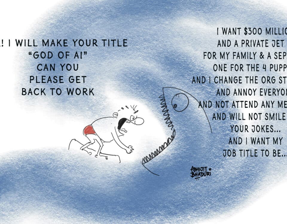 Cartoon of a person reluctantly agreeing to unreasonable superstar demands, highlighting the challenges of managing high-profile hires.