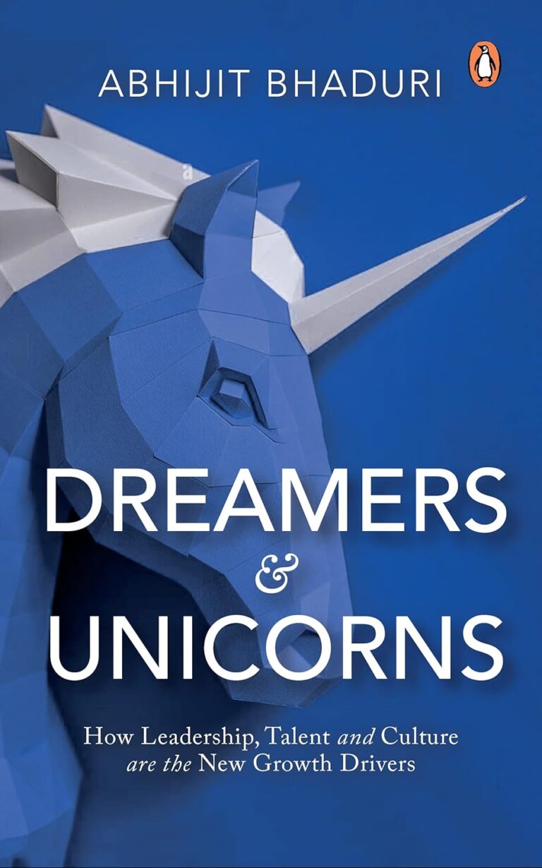 Cover of "Dreamers and Unicorns" featuring a geometric blue unicorn. Dive into leadership and talent growth insights for a thriving home of innovation.
