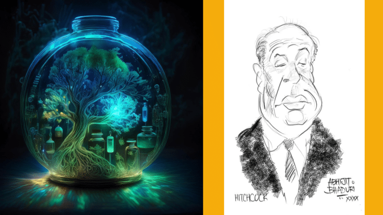 A mystical tree of mysterious drugs in a jar next to a caricature of the Master of Suspense, evoking intrigue and creativity.