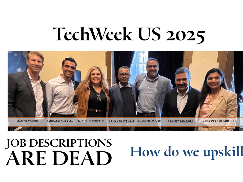 Team at TechWeek US 2025 discussing the shift as job descriptions are dead. How to upskill in this evolving job market? Insights and strategies shared.