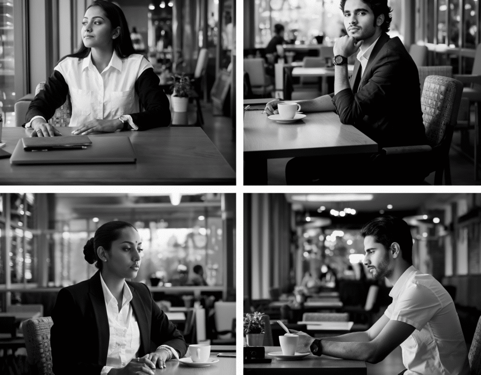 Four people sit solo in a cafe, lost in thought. They're part of 100 million feeling lonely in a busy world. Moments captured in black and white.