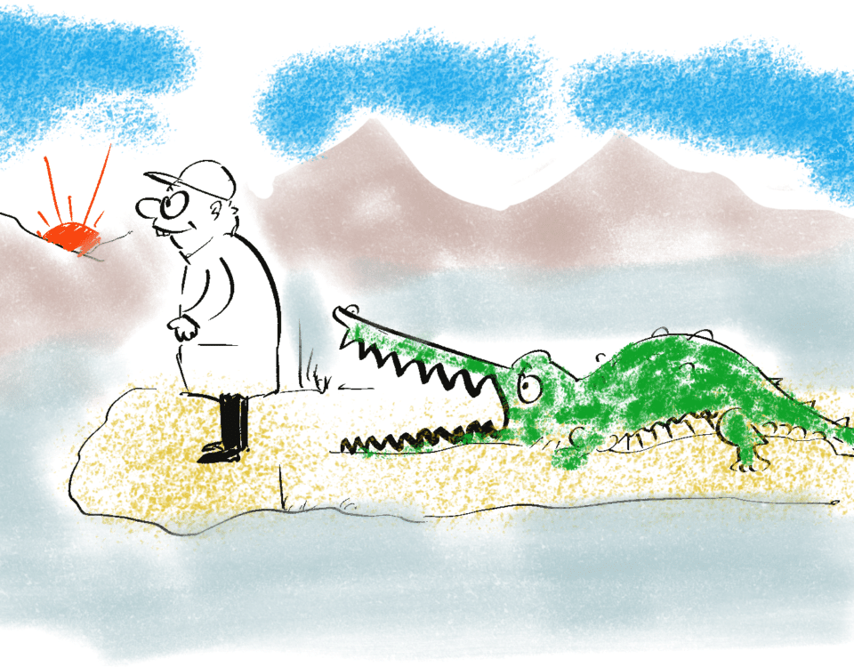 Cartoon of a man and a playful crocodile enjoying a sunrise. A fun nod to "Think Like a Filmmaker: L&D That Wins Attention" with warm, friendly vibes.