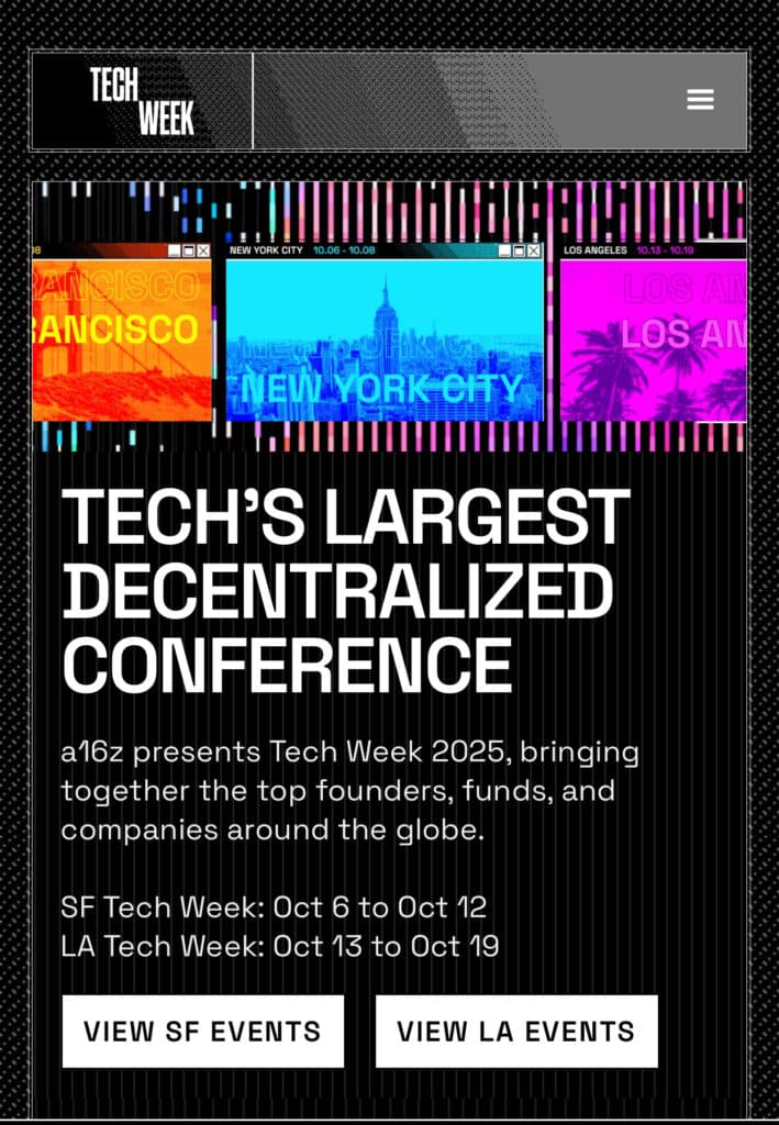 Tech Week 2025 poster highlighting SF and LA events; top founders discuss AI training impact—70% companies train, but only 19% see results.