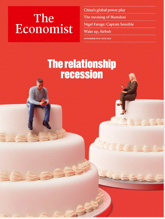 Two lonely figures sit on giant cakes, engrossed in phones. Exploring the theme of a 'relationship recession' affects 100 million people.