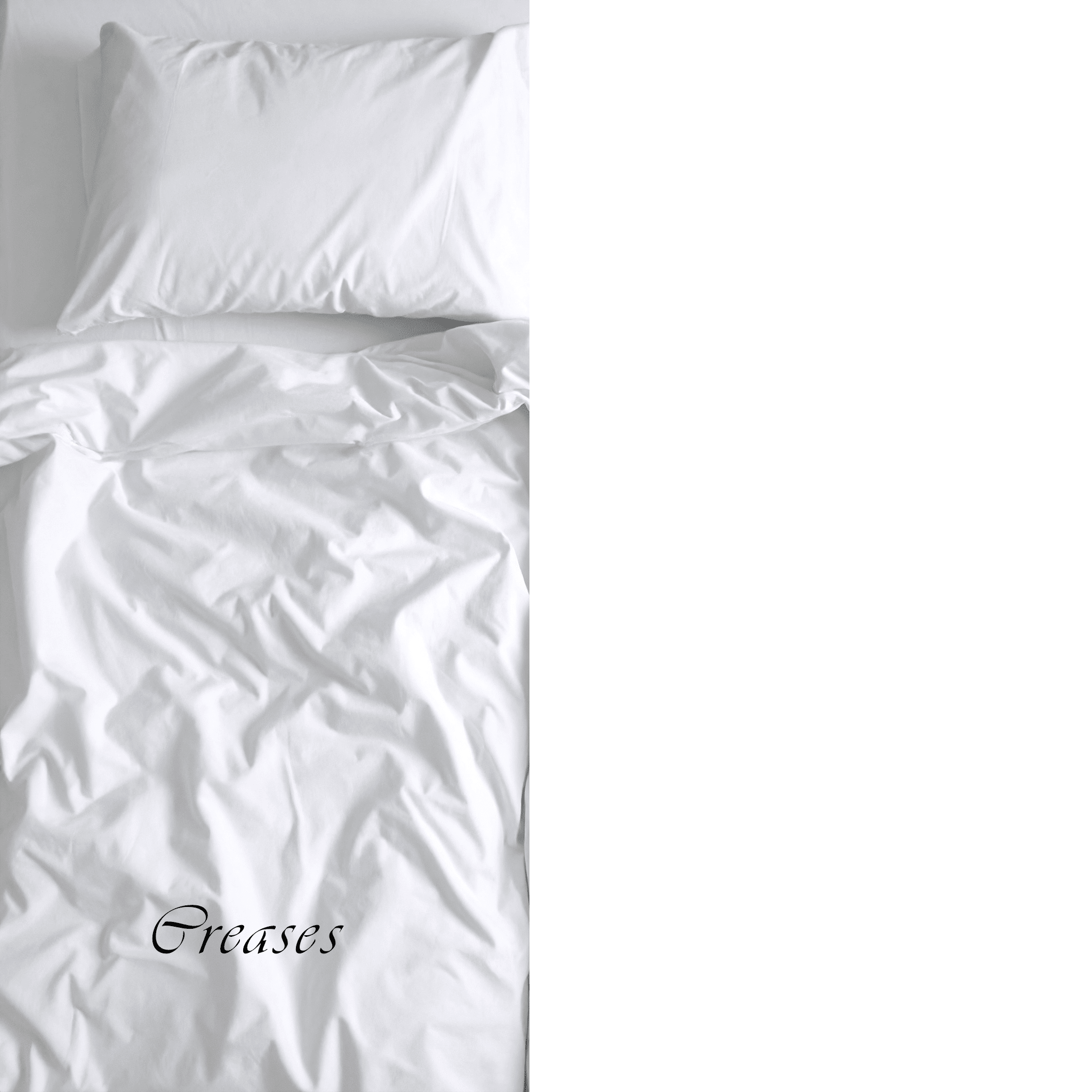 Close-up shot of a comfy, inviting white bed with slight creases in the sheets and pillowcase. Nothing beats that fresh bedding feeling!