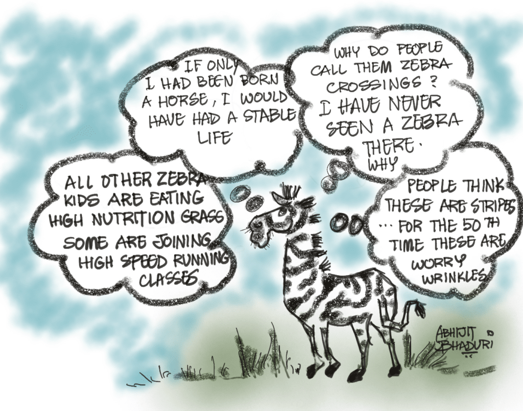 A cartoon zebra with thought bubbles, pondering life's anxieties, a perfect visual for a 'Why Don't Zebras Get Ulcers' book review.