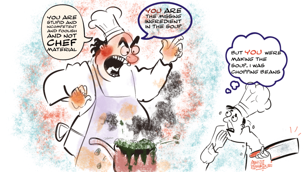 A chef yells at his assistant, blaming him for a bad soup. Skill Distance Bends Power, Behavior Everywhere.