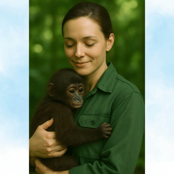 A woman gently holds a baby monkey, finding a meaningful life in caring for others. It's a happy life for both!