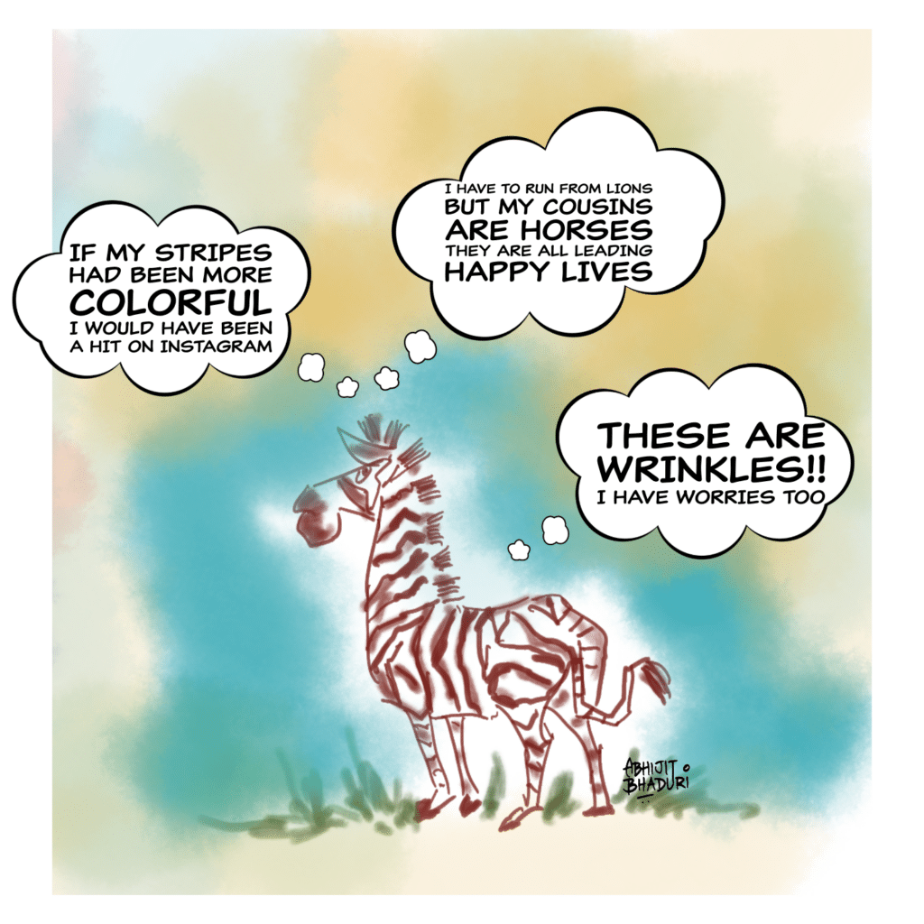 A cartoon zebra with thought bubbles, pondering why zebras don't get ulcers, a concept from the book review.