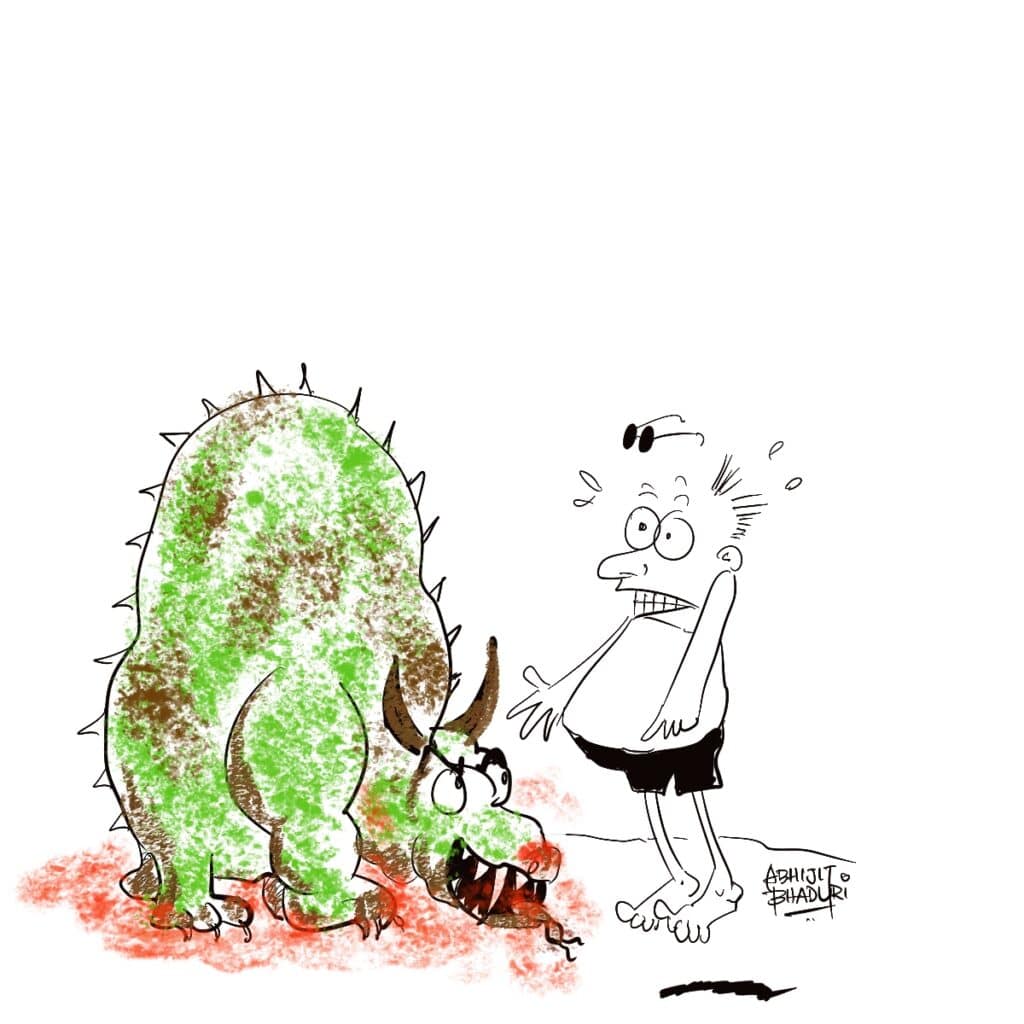 A humorous scene depicting a surprised man facing a quirky monster, showcasing the Story Structure in film.