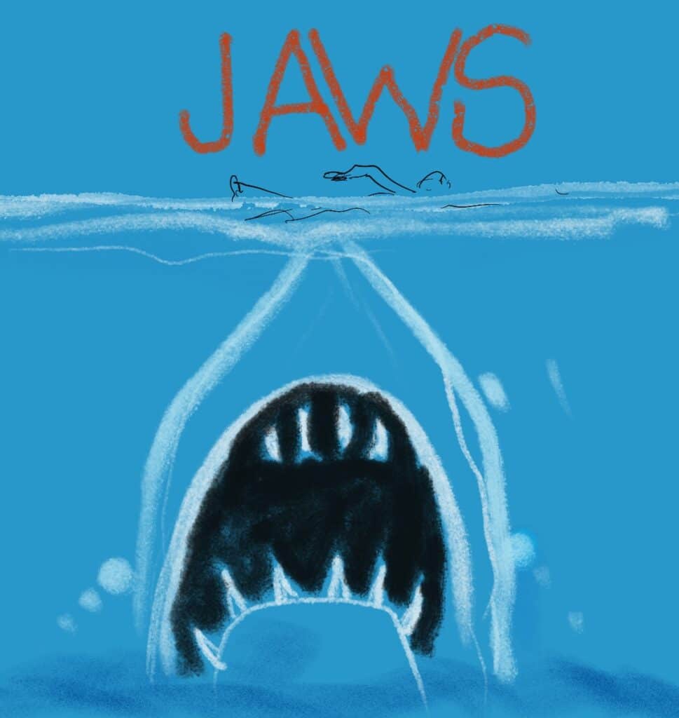A swimmer in peril as a massive shark surfaces, showcasing the classic Story Structure of survival in cinema.
