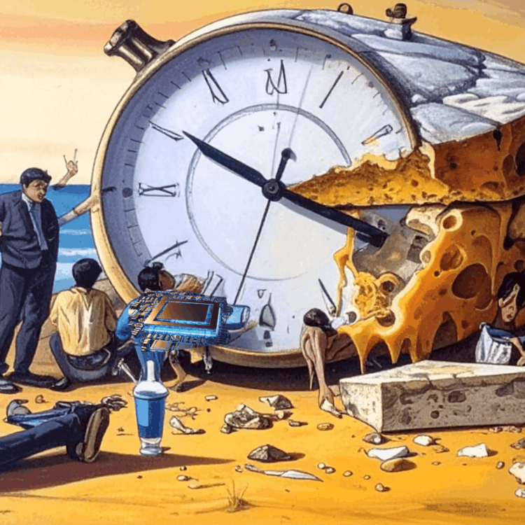 A whimsical scene featuring a giant melting clock and people interacting, symbolizing the concept of time and creativity in art.