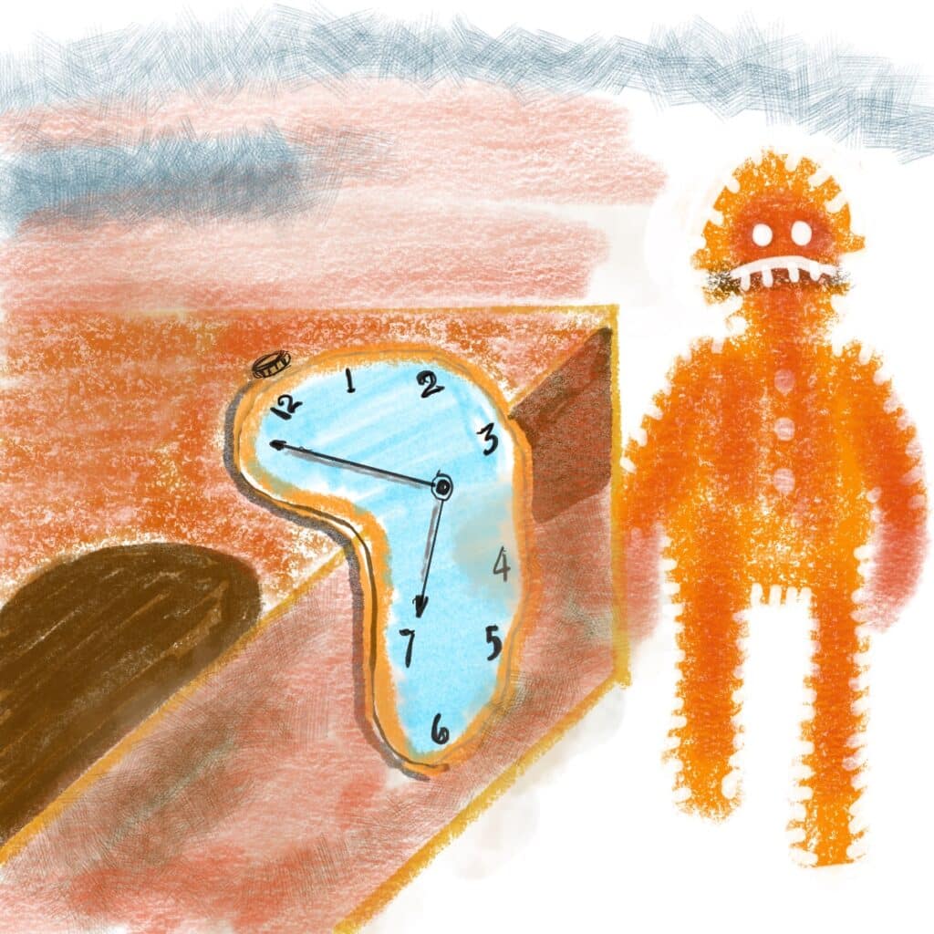 An abstract illustration showing a melting clock and a figure, symbolizing how AI is warping your sense of time at work.