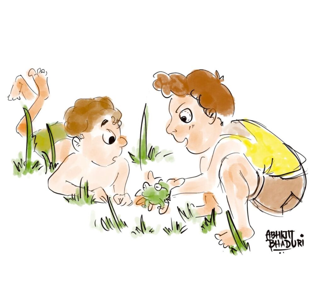 Two kids exploring nature, highlighting how AI is warping your sense of time at work through playful curiosity.