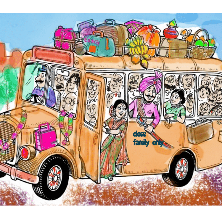 A colorful illustration of a bus packed with happy guests, showcasing why Indian wedding guest lists are so huge.