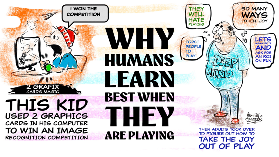 A playful cartoon showing a kid winning a competition with graphics cards, highlighting how humans learn best through play.