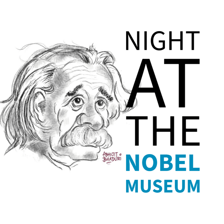 A charming illustration of Albert Einstein who received the prize in 1921 at the Nobel Museum.