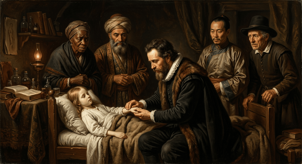 A doctor examines a sick child surrounded by concerned figures, capturing the essence of empathy in The Art of Noticing by Rob Walker.