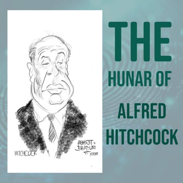 A playful illustration showcasing The Hunar of Alfred Hitchcock, capturing his iconic style and charm.