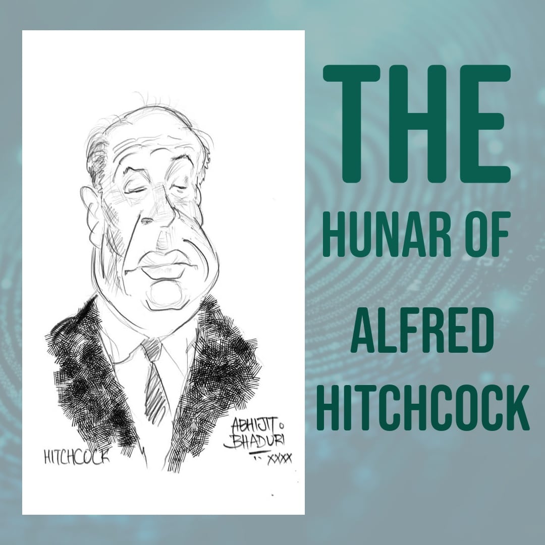 A playful illustration showcasing The Hunar of Alfred Hitchcock, capturing his iconic style and charm.