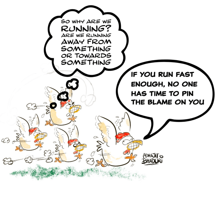 A humorous cartoon of chickens running with red headbands, pondering their motivation.