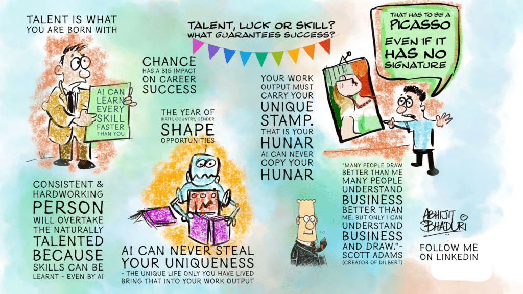 A colorful infographic exploring what shapes a career, including talent, skills, and chance, featuring hand-drawn cartoons and insightful text.