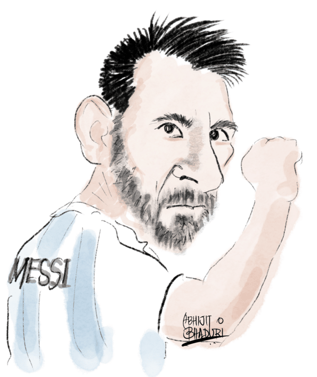 A hand-drawn caricature of Lionel Messi in an Argentina jersey, looking intense with a raised fist. I felt sad for Messi during tough matches.
