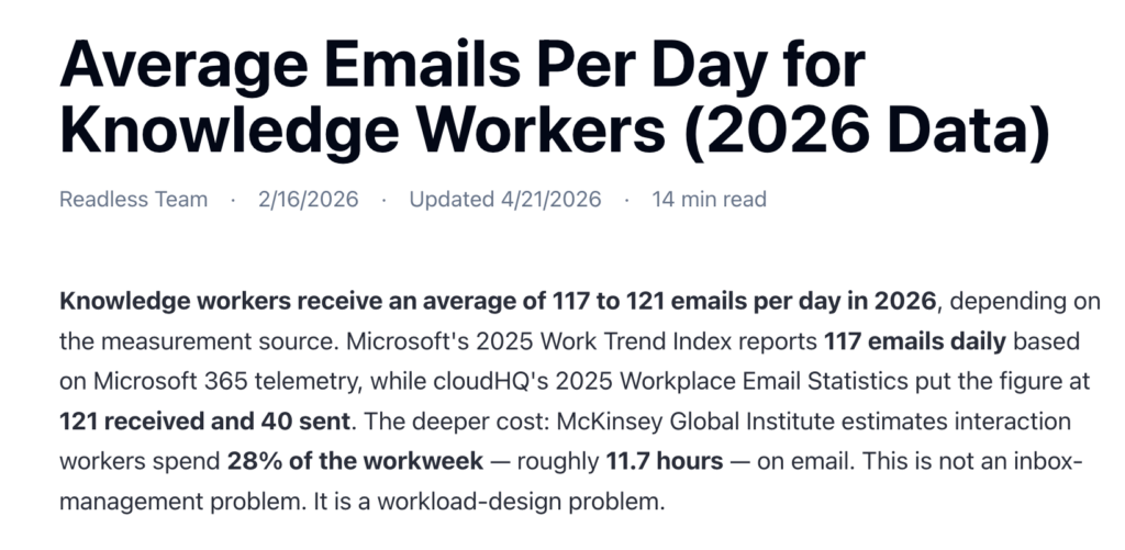 Statistics on average emails received and sent by knowledge workers in 2026.