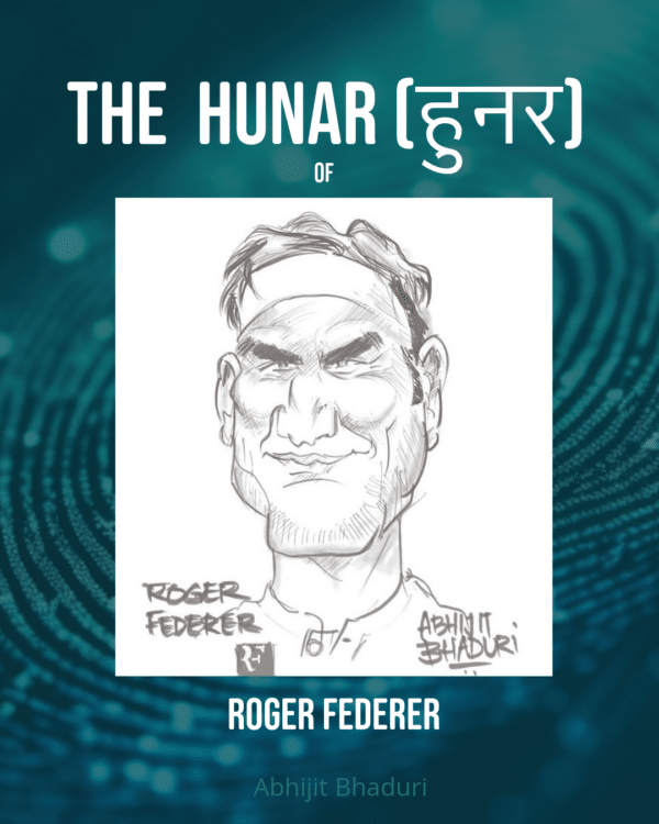 A playful caricature of Roger Federer, showcasing his iconic smile and tennis spirit. Perfect for fans and art lovers alike!