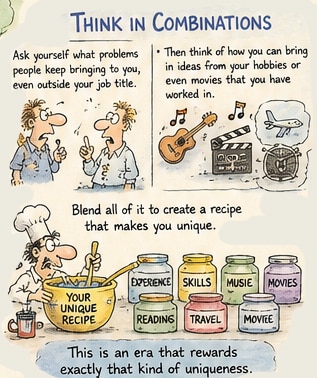 A cartoon illustration showing how to combine diverse life experiences, skills, and hobbies to create a unique career path and personal brand.
