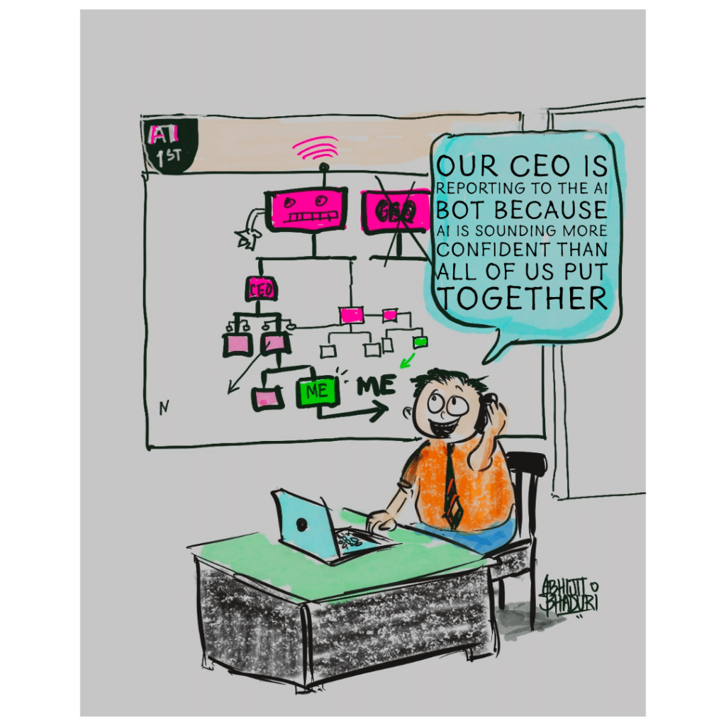 A cartoon of a person on the phone at a desk, discussing AI confidence with a flowchart on the wall.
