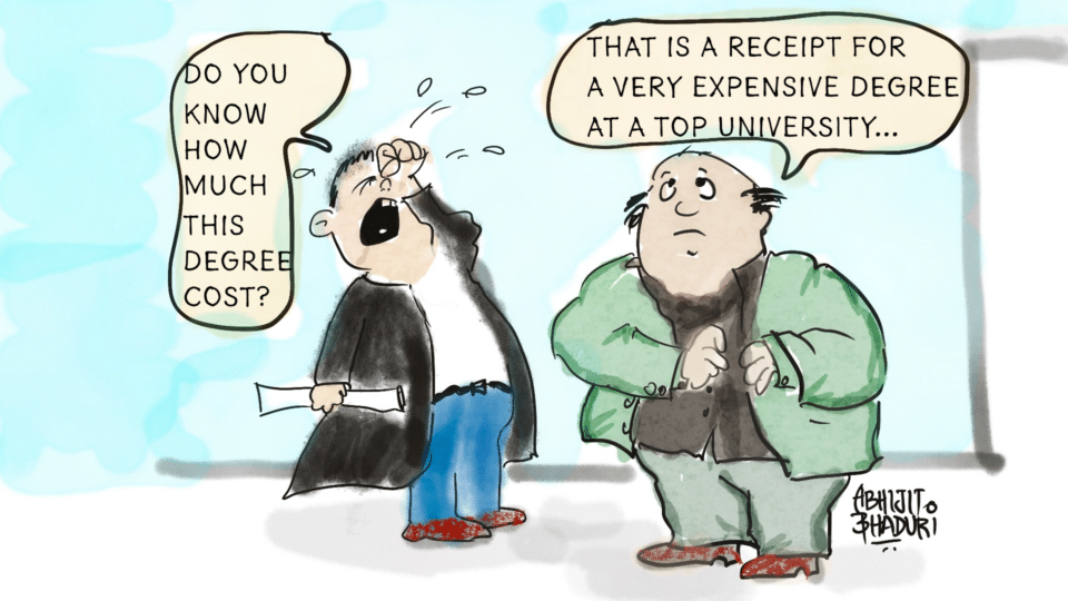 A cartoon depicting a man distressed about the cost of his degree, while another man holds a receipt.