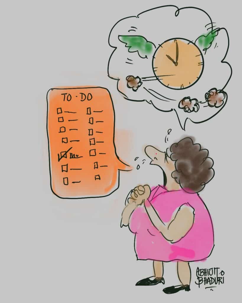 A woman in a pink dress looks at a to-do list with a clock and wings in her thought bubble, symbolizing time management.