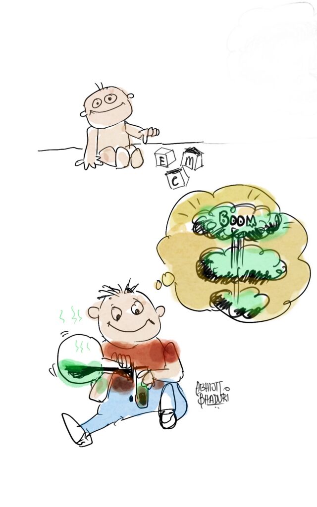 A cartoon illustration showing a baby playing with blocks and a person mixing chemicals, reflecting on Book Review: The Tyranny of Metrics.