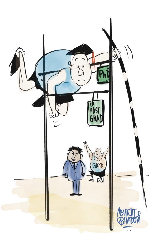 A cartoon depicting a man attempting to jump over a bar labeled PhD while two others cheer him on.